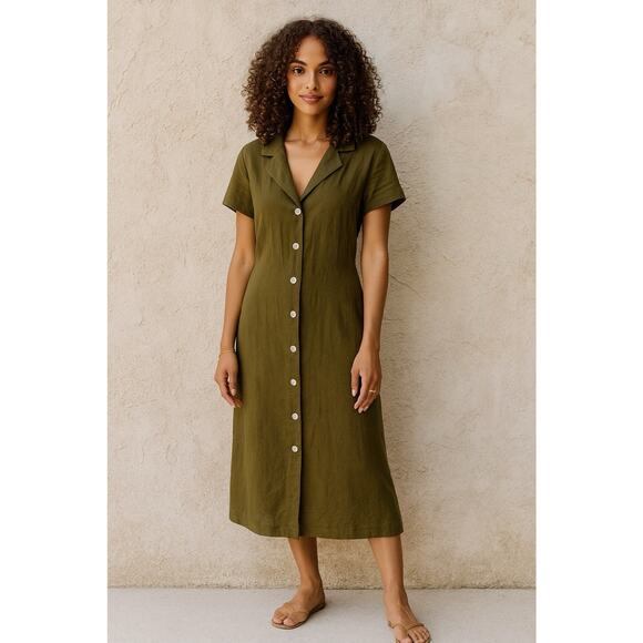 Quince Dresses & Skirts - Quince European Linen Button Front Midi Dress - M Olive Green Spring Capsule